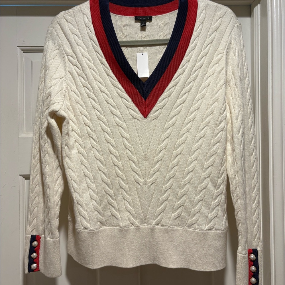 Talbots Cream V-Neck Sweater with Red and Navy Trim